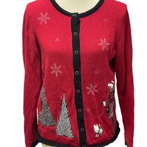 CHRISTOPHER & BANKS Christmas Themed Button Front Red Cardigan Sweater Women's m